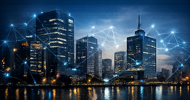 Modern Lagos business district with digital network overlay